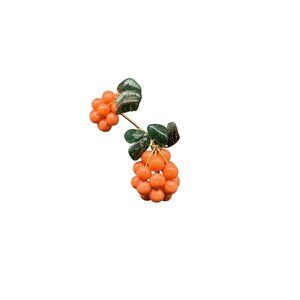 Coral Earrings Beaded Clusters Berry Earrings with Jade Chips Leaf Pierced Studs